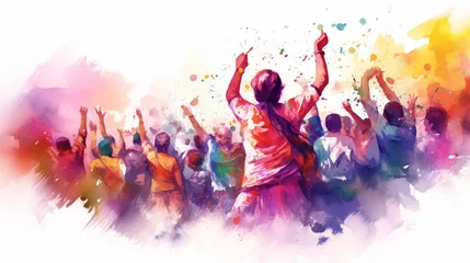 Gordijnen Indian people celebrating Hindu Holi Festival. Watercolor style poster illustration. attractive vector illustration, even colors, celebrating holi festival. illustration of the holi festival in India. © Dirk
