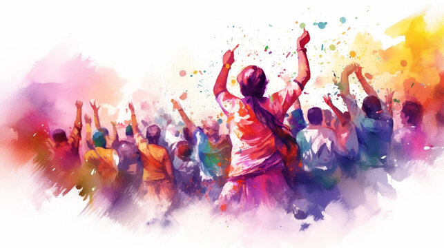 Indian people celebrating Hindu Holi Festival. Watercolor style poster illustration. attractive vector illustration, even colors, celebrating holi festival. illustration of the holi festival in India.