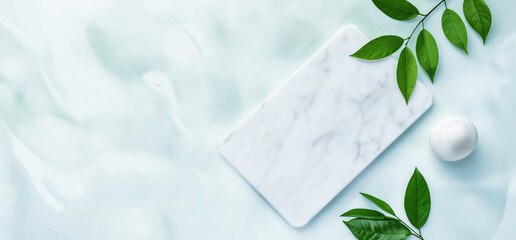 Top view of empty marble podium and green leaves on light blue background . Pedestal and fresh natural leaf for cosmetic advertising. Eco product presentation mockup.  flat lay. - obrazy, fototapety, plakaty
