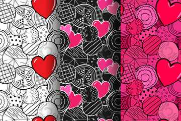 textured hearts seamless pattern, crooked figures patchwork quilt round circle set, original drawn textile banner wallpaper for wrapping paper, greeting card, invitations