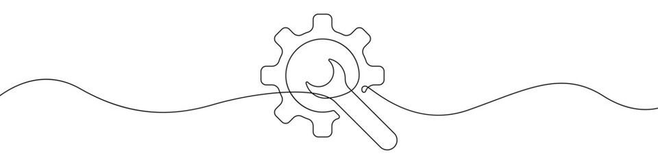Gear and wrench vector linear icon. Continuous line drawing icon repair. One line background for repair companies. Vector icon for recovery service. Work concept linear icon.
