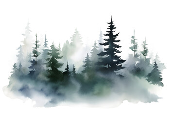Watercolor foggy forest landscape illustration. Wild nature in wintertime. Abstract graphic isolated on transparent background