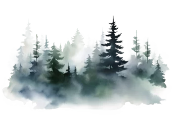 Afwasbaar Fotobehang Bergen Watercolor foggy forest landscape illustration. Wild nature in wintertime. Abstract graphic isolated on transparent background