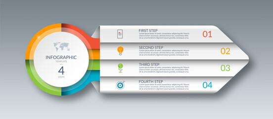 Infographic template with 4 steps, options, parts. Can be used for diagram, graph, chart, report, web design. 4-step vector banner in the form of an arrow.