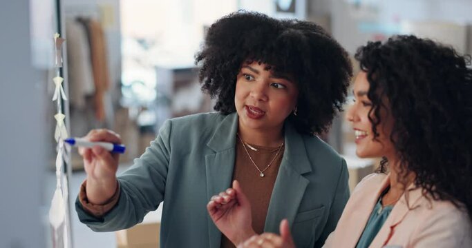 Fashion, women and brainstorming with ideas, teamwork and conversation with productivity, project and discussion. Employee, manager or staff with planning, meeting and development with design or talk