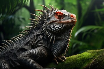 Fototapeta premium Close-Up Symmetrical Portrait of Expressive Dragon in Vibrant Lush Green Jungle Environment