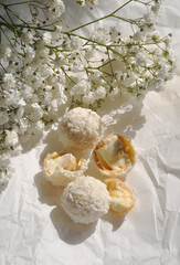 tasty candies with white flowers