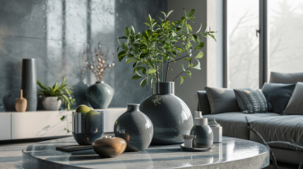 glossy monochrome shiny vases with sharp shapes as an element of room decor - obrazy, fototapety, plakaty