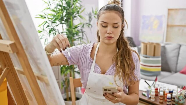 Captivating portrait of a beautiful hispanic female artist, engrossed in her art, drawing creatively on a smartphone in a studio