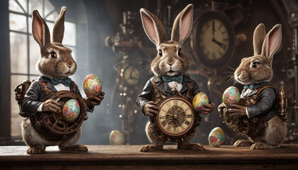 Easter holiday bunny holding easter eggs in steampunk style, Generative AI