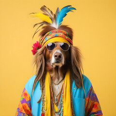 Dog dressed in hippy clothes on yellow background. Humanization of animals concept