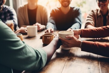 Group of business people drinking coffee and talking while sitting at table in office, diversity and people holding hands by a table at a group counseling or therapy session, AI Generated