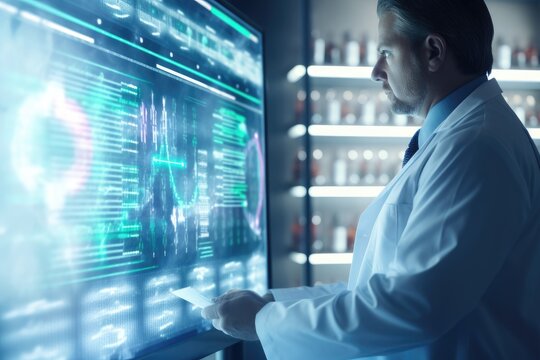 scientist working with tablet computer in chemical laboratory, science research concept, Doctor using tablet and check with analysis chromosome DNA genetic of human on virtual interface, AI Generated