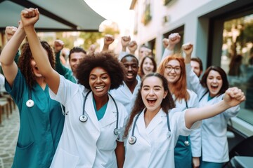 Group of young female doctors or nurse cheering with arms raised in the air, Diverse team of students wearing nurse uniform cheers for joy, AI Generated - obrazy, fototapety, plakaty