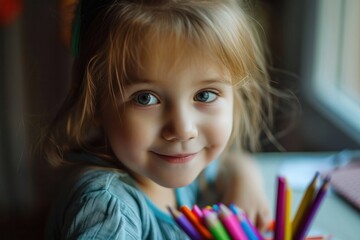 Cute preschooler enjoys drawing and being creative at home, demonstrating preschool education and art exploration.