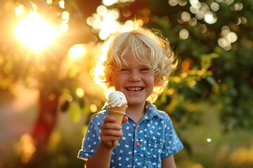 Adorable little boy enjoying delicious ice cream under the summer sun, radiating happiness and delight.