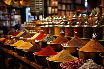 Fototapeta premium Spices on the Grand Bazaar in Istanbul, Turkey. The Grand Bazaar is one of the largest and oldest markets in Istanbul, Egyptian Bazaar in Istanbul offers, AI Generated