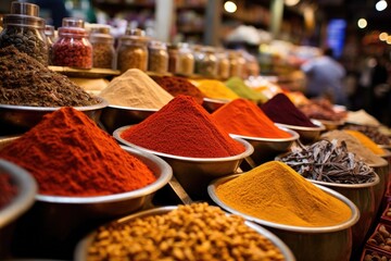 Obraz premium Spices on the Grand Bazaar in Istanbul, Turkey, Asia, Egyptian Bazaar in Istanbul offers a wide selection of ready to sell spice varieties, AI Generated