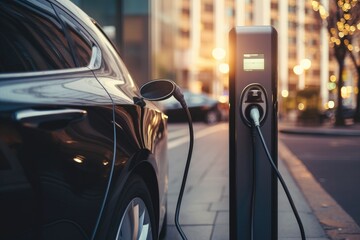 Charging an electric car in the city at night. Close-up, electric vehicle charging station with power cable supply plugged station, AI Generated - obrazy, fototapety, plakaty