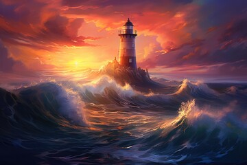 Lighthouse in the ocean at sunset. 3d rendering illustration, Digital painting portraying a...