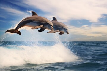 Dolphins jumping out of the water on the background of the sea, Dolphins joyfully leaping out of the ocean waves against a blue sky background, AI Generated