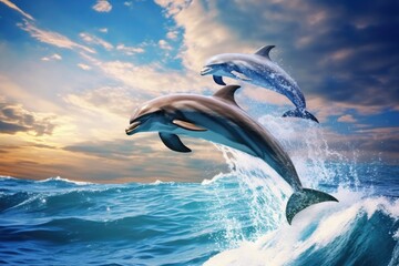 Dolphins jumping out of the water. 3D render illustration, Dolphins joyfully leaping out of the ocean waves against a blue sky background, AI Generated