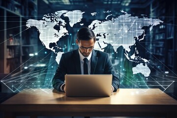 Portrait of young African businessman using laptop with digital world map on blurry office background. Toned image double exposure, Double exposure captures a businessman working, AI Generated
