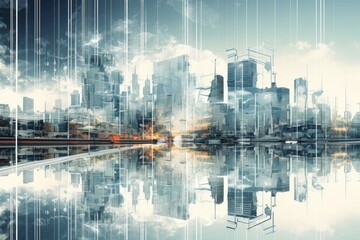 Modern cityscape with buildings and skyscrapers. Mixed media. Mixed media, Double exposure of a cityscape and a high technology network connection concept is, AI Generated