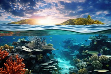Fototapeta na wymiar Underwater world with coral reef and tropical fish. 3d render, Discover ocean rejuvenation through a collaborative restoration of marine ecosystems, AI Generated