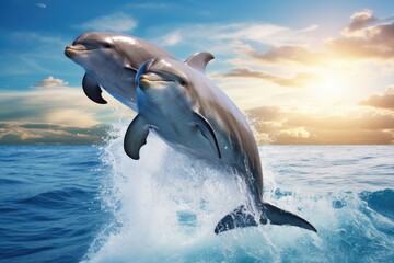 Fototapeta premium Dolphins jumping out of the water at sunset. 3d rendering, Dolphins joyfully leaping out of the ocean waves against a blue sky background, AI Generated