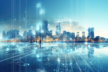 Abstract city background with binary code and digital interface. 3D Rendering, Double exposure of a cityscape and a high technology network connection concept, AI Generated