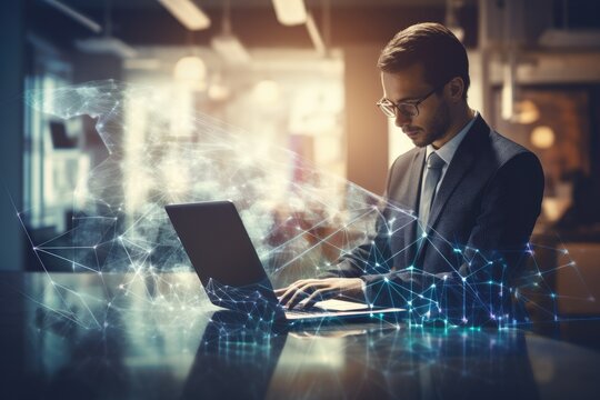 Businessman working on laptop in office with double exposure of world map. Concept of global business, Double exposure captures a businessman working on a laptop computer, AI Generated - Powered by Adobe