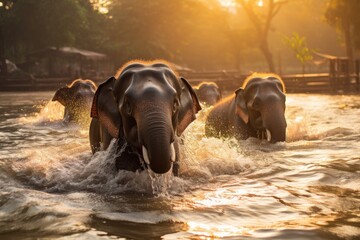 Elephants bathing in the river at Chitwan National Park, Nepal, Elephants bathe in the river in Chiang Mai, Thailand, capturing a serene moment, AI Generated - obrazy, fototapety, plakaty