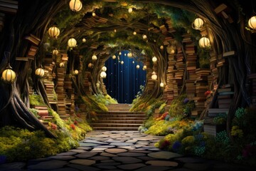 3D render of a fantasy fantasy portal with a staircase and books, Embark on a whimsical journey through a literary wonderland, where floating books create arches and pathways of, AI Generated