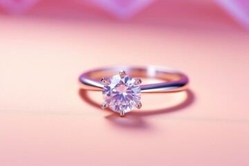 Wedding ring on a pink background with palm leaf, close up, AI Generated