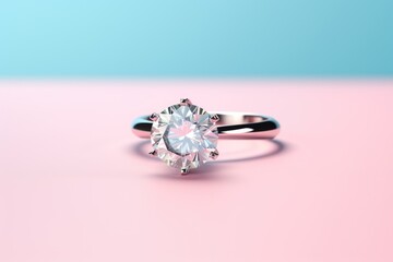 wedding ring with diamond on a pink background, close up, AI Generated