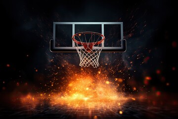 Basketball hoop and ball on fire background. Vector Illustration, AI Generated