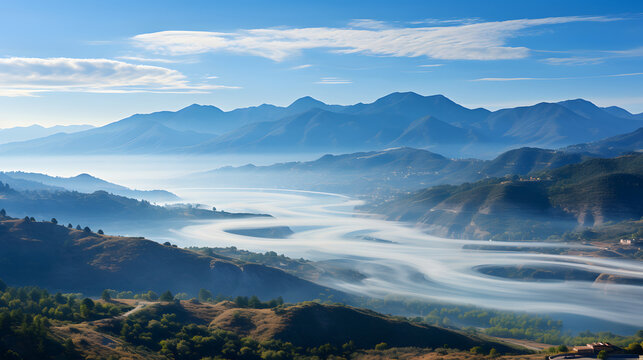 Tranquil Blue Sunrise over Misty Forest and Mountain Range with a river flooding down