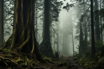 Fototapeta premium Redwood Forest in California, USA. Redwood National Park is one of the oldest national parks in the world, Early morning fog enveloping a towering, ancient forest, AI Generated