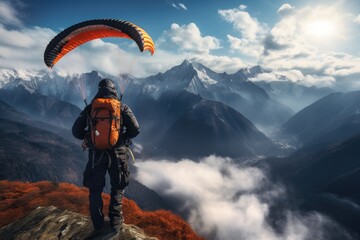 Paraglider flying in the sky over the mountains at sunset, Embark on an exhilarating mountain adventure!, AI Generated - obrazy, fototapety, plakaty