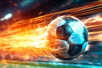 a soccer ball surrounded by bright tongues of fire. There are sparks and embers around the flames, adding to the dramatic effect of energy and dynamics