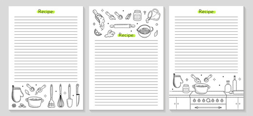 Cooking recipe 3 posters with Kitchen utensils outline icon. Empty cookbook pages for homemade baking.