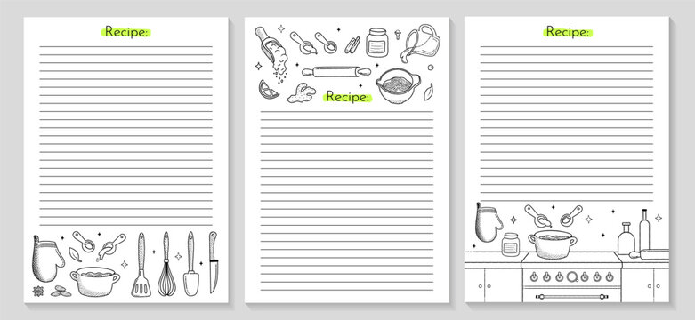 Cooking recipe 3 posters with Kitchen utensils outline icon. Empty cookbook pages for homemade baking.