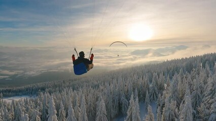 Freedom of paragliding flying above winter forest in misty alpine mountains, Adrenaline outdoor adventure - Powered by Adobe
