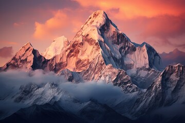 snow capped mountain peaks in the clouds at a sunrise or sunset