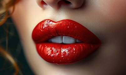 Close-up of perfectly shaped full lips painted with vibrant red lipstick, symbolizing glamour, beauty, makeup artistry, and feminine allure