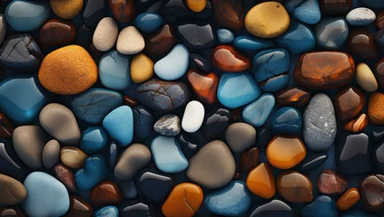  Flat smooth river pebble stones texture, Rock wall, Colorful stone background. A close up of a bunch of rocks and pebbles © MD Media