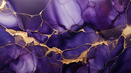 Abstract violet marble background with golden veins pain	
