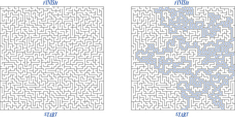 Big square labyrinth. Maze of high complexity with solution. Black and white complex riddle with very high level of difficulty. Nice brainstorm puzzle.