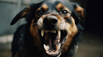 closeup aggressive dog growling and shows teeth - obrazy, fototapety, plakaty